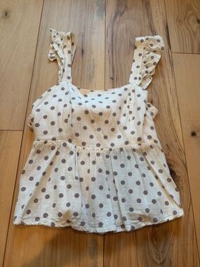 Monteau Los Angeles Polka Dot Peplum Top Ruffle Straps Tie Back S